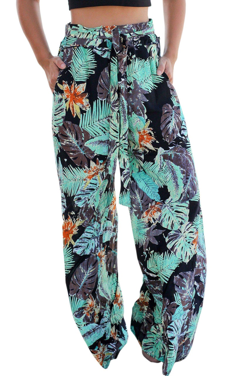 ECOWISH Wide Leg Pants for Women Summer 2024 Palazzo Tropical Floral Belted Casual Lightweight High Waist Flared Trousers with Pockets Black X-Large - Image 1